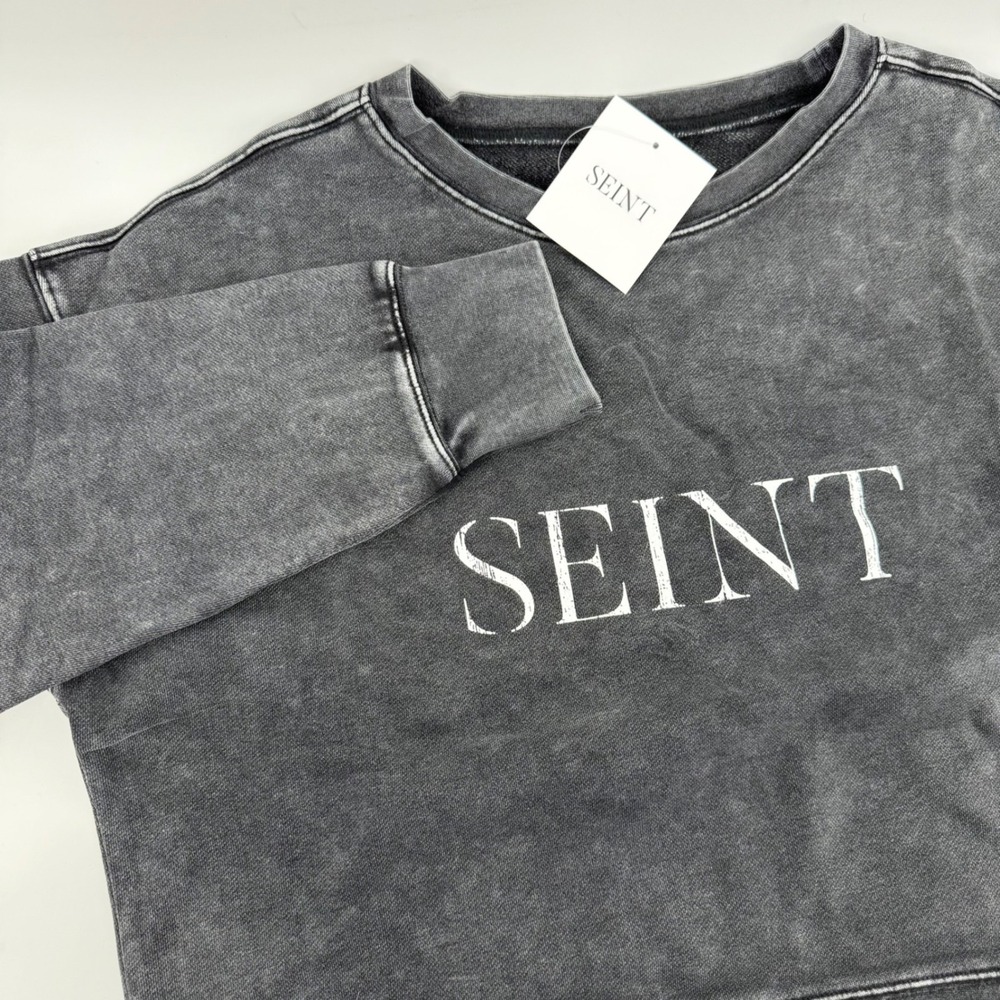 NWT SEINT Womens Gray Acid Wash‎ Crewneck Sweatshirt Size XL